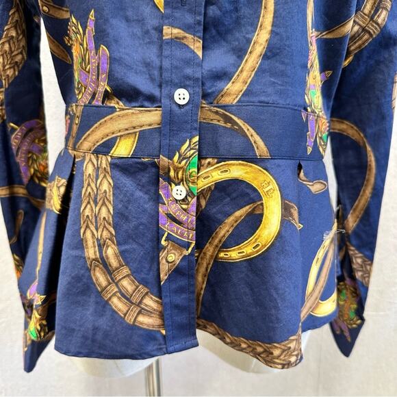 Lauren Ralph Lauren navy equestrian horse bit  button up peplum shirt size 4 - Picture 6 of 16
